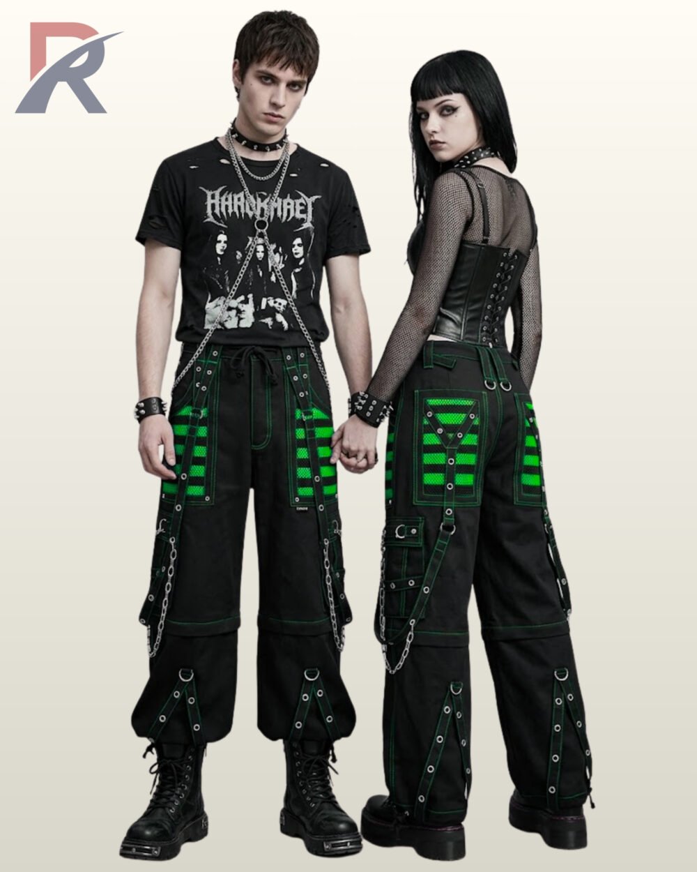 Black unisex gothic cargo trousers accented with neon green mesh panels, green stitching, and metal chain straps.