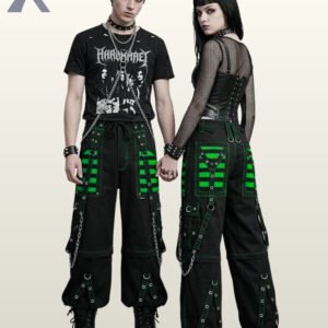 Black unisex gothic cargo trousers accented with neon green mesh panels, green stitching, and metal chain straps.