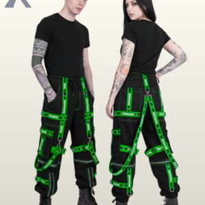 Couple wearing black gothic cargo joggers with bright neon green reflective straps, eyelets, and harness suspenders.