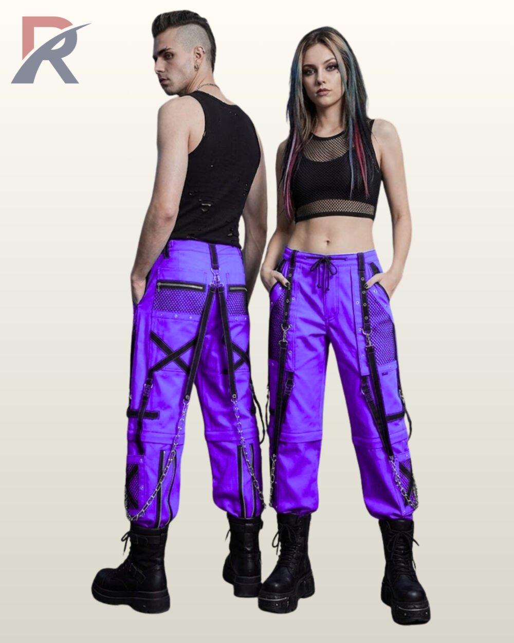 Man and woman modeling darkwear purple cargo trousers detailed with black bondage straps and metal hardware.