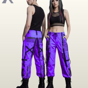 Man and woman modeling darkwear purple cargo trousers detailed with black bondage straps and metal hardware.