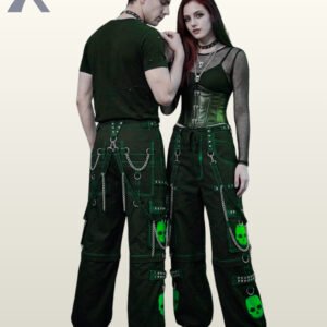 Couple wearing matching black gothic cargo pants featuring neon green contrast stitching, skull graphics, and metal chain straps.