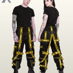 Couple wearing black gothic cargo joggers trimmed with bright yellow reflective eyelet straps and suspender details.