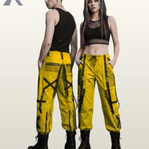 Man and woman posing in yellow alternative cyber goth trousers featuring black hardware, mesh accents, and metal chain straps.
