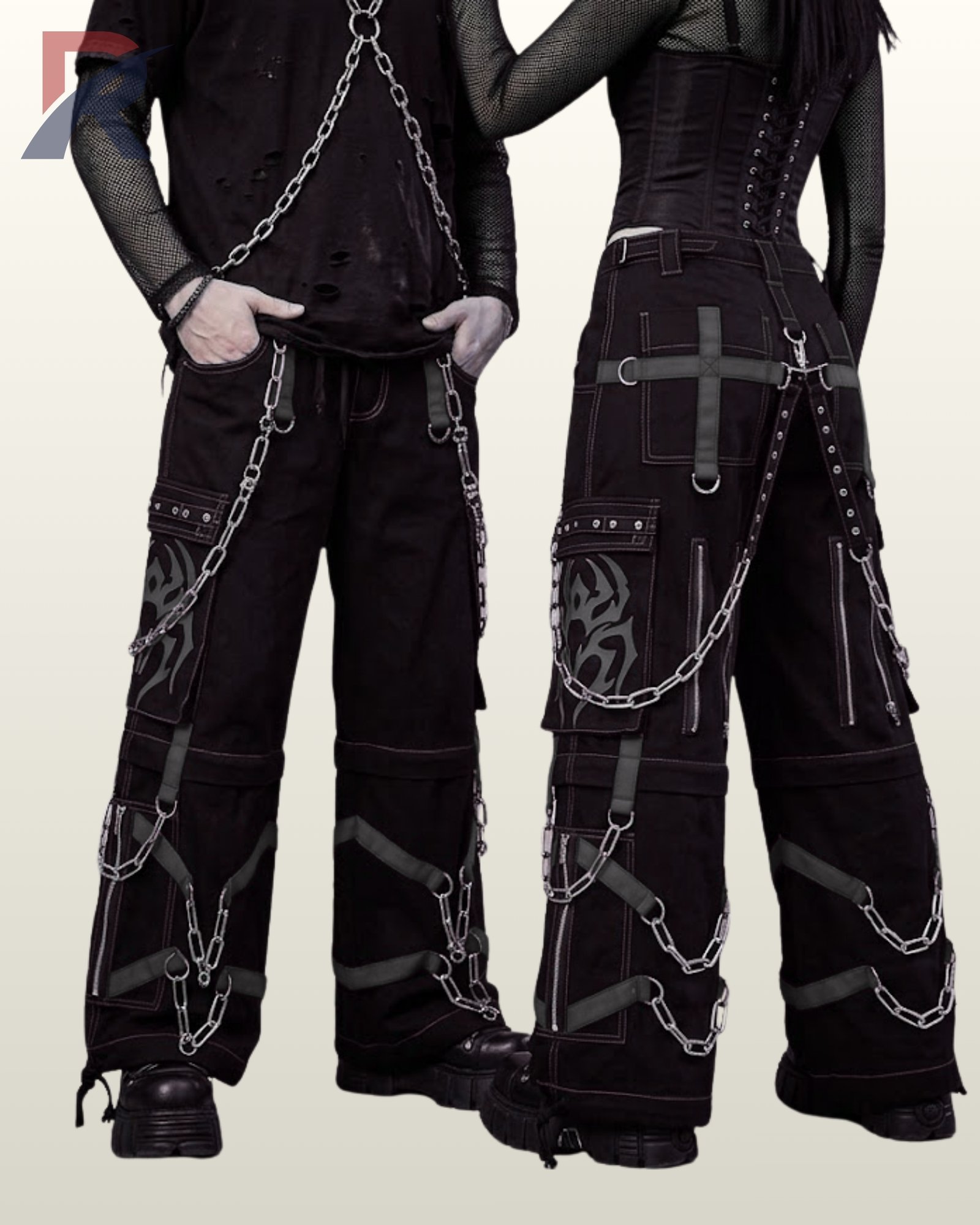 Front and back view of unisex cyber goth pants with charcoal grey webbing and metallic hardware.