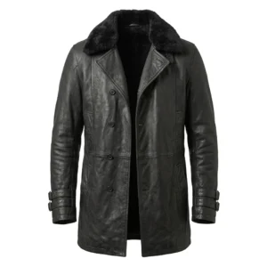 Men’s Distressed Black Leather Coat with Faux Fur Collar