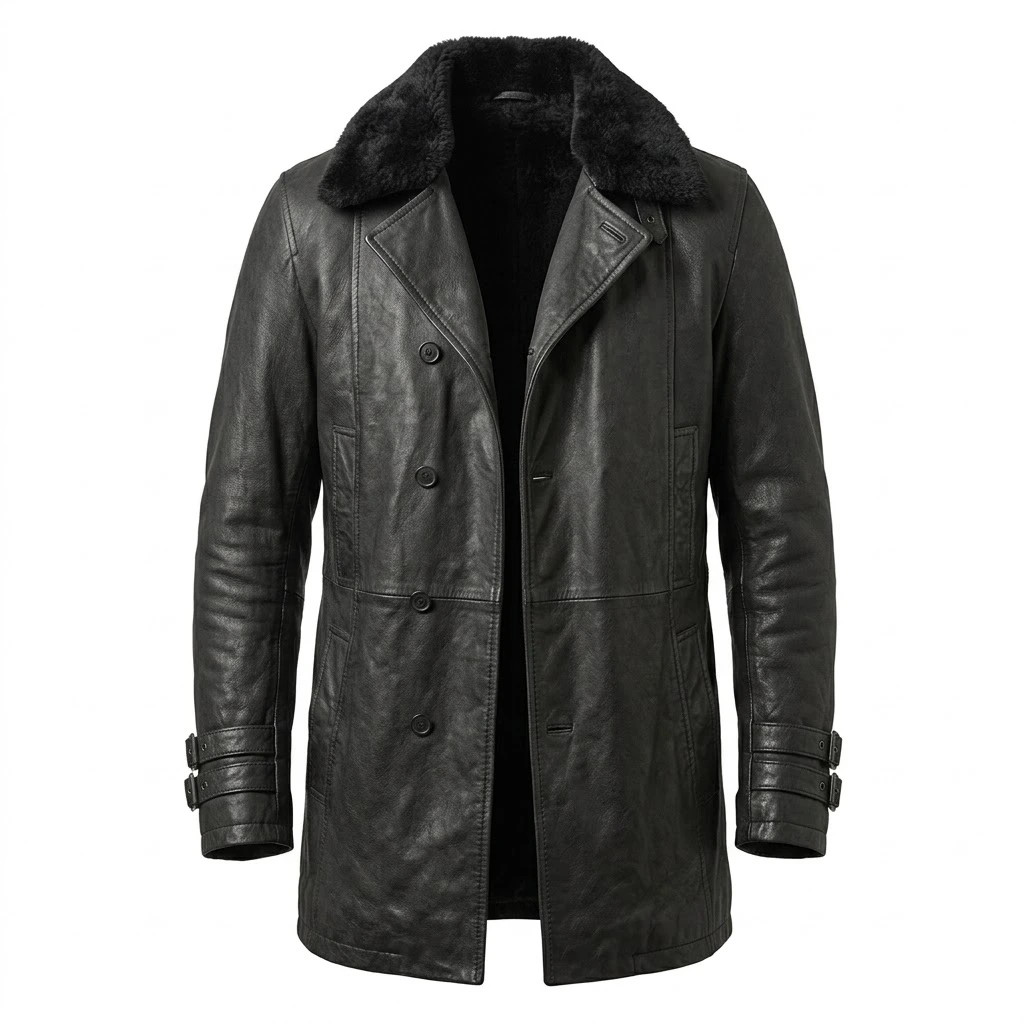 Men’s Distressed Black Leather Coat with Faux Fur Collar