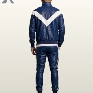 Men's luxury blue leather two-piece tracksuit featuring an elastic waistband and matching standing collar jacket.