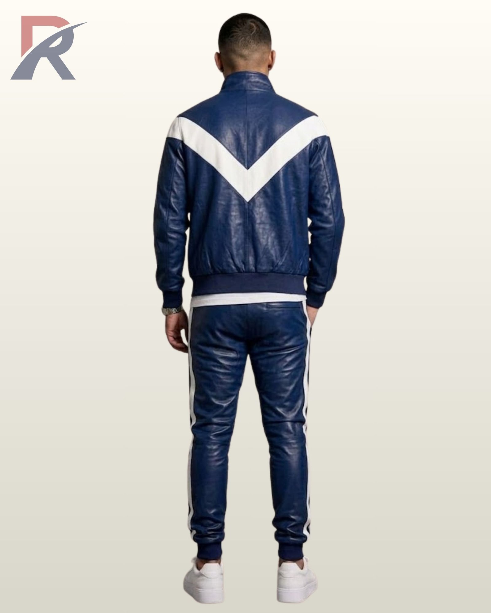 Men's luxury blue leather two-piece tracksuit featuring an elastic waistband and matching standing collar jacket.