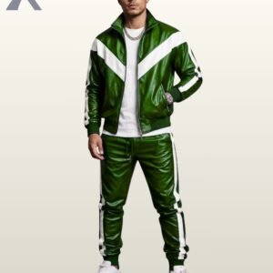 Deep forest green leather 2-piece tracksuit set with white V-stripe jacket and cuffed trousers.