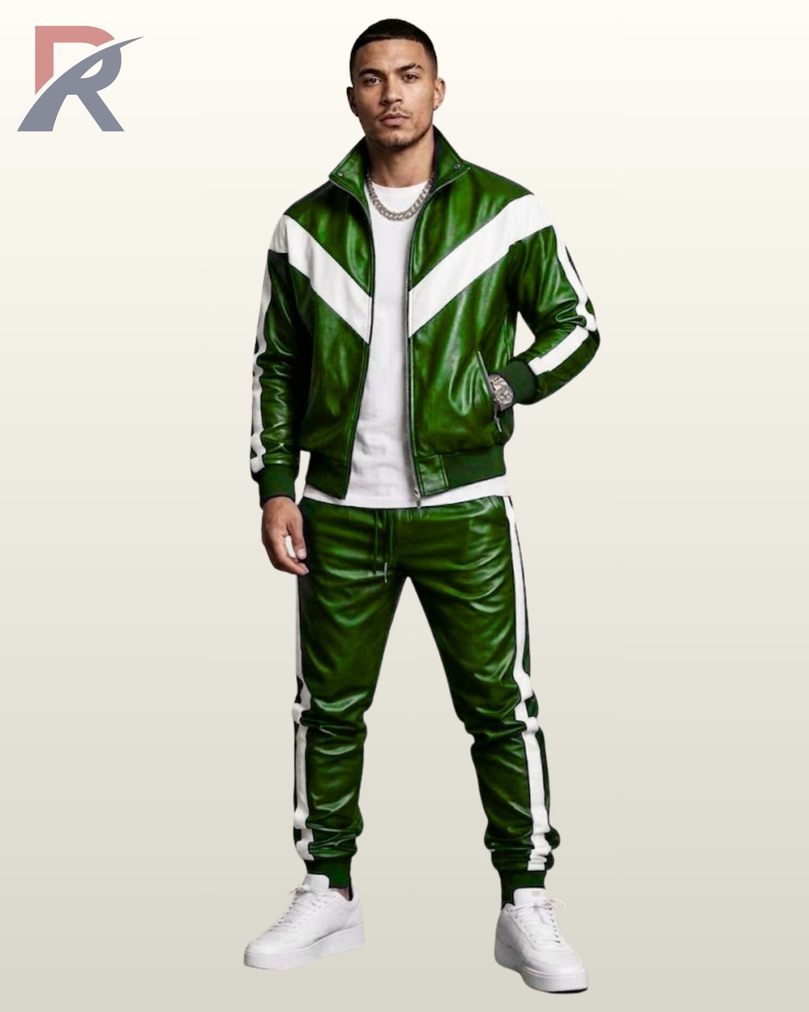 Deep forest green leather 2-piece tracksuit set with white V-stripe jacket and cuffed trousers.