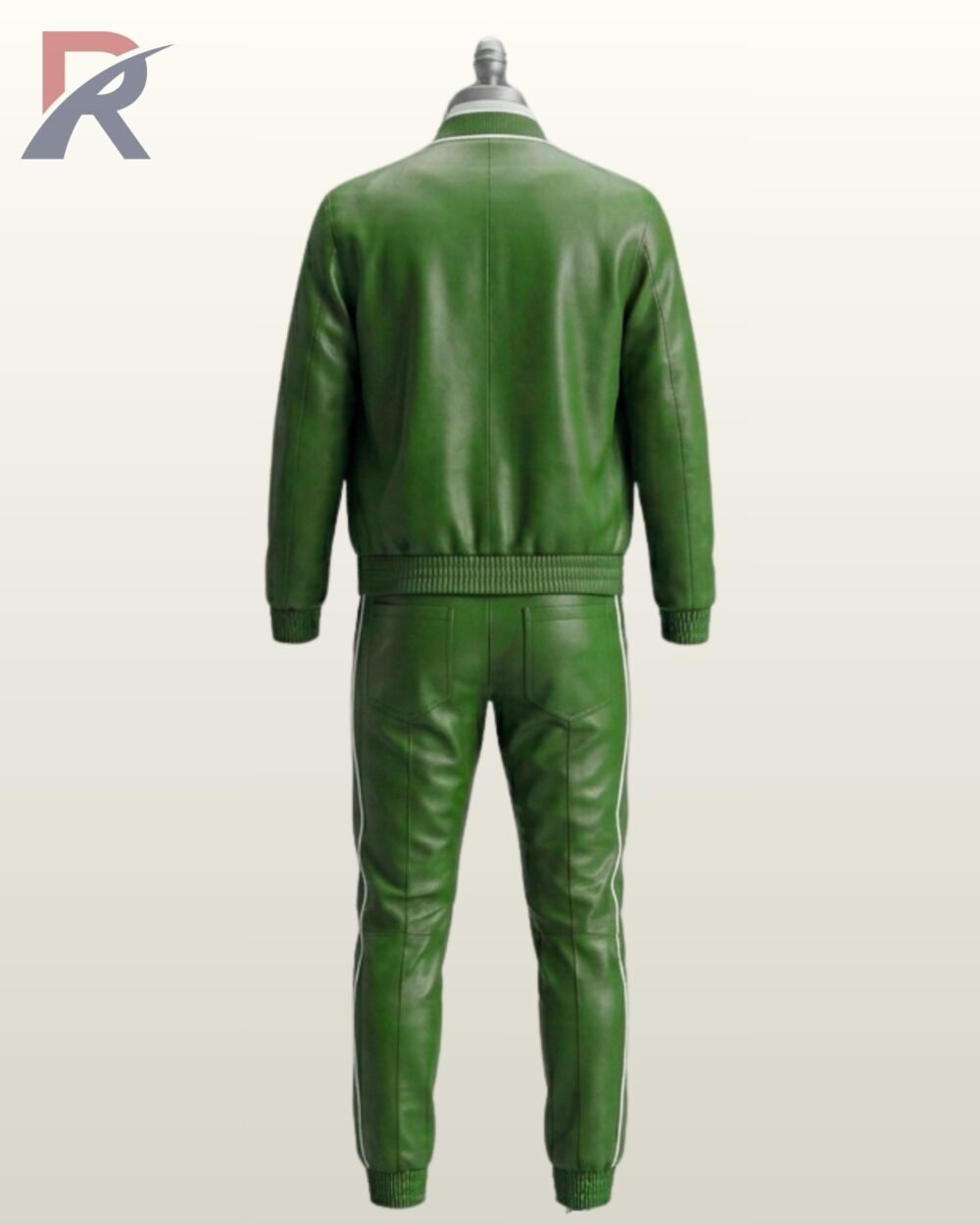 Bold emerald green leather 2-piece tracksuit set with a zip bomber jacket and piped trousers.