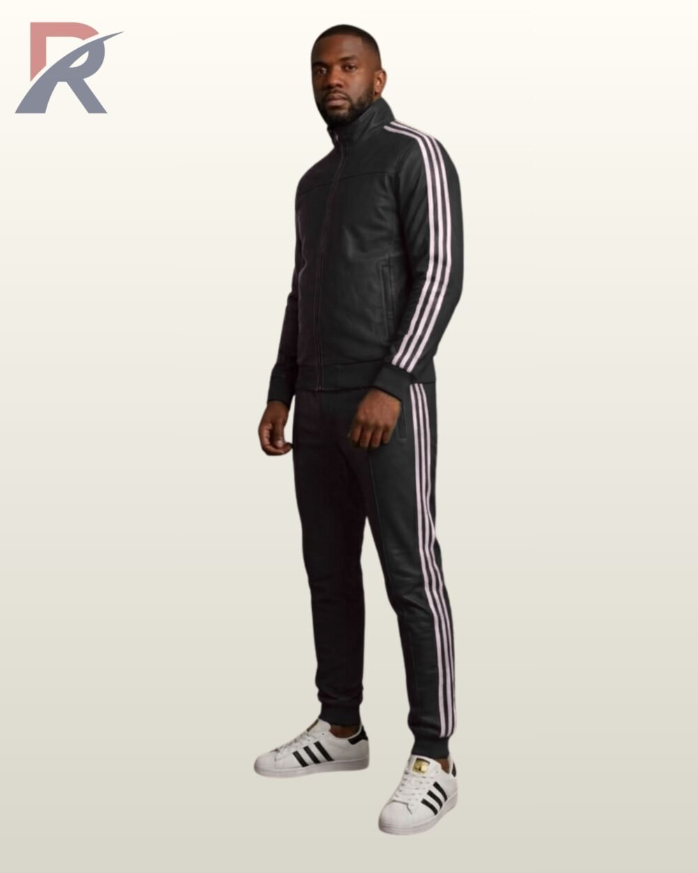 A model wearing a luxury black leather high-neck track jacket with matching slim-fit leather joggers.