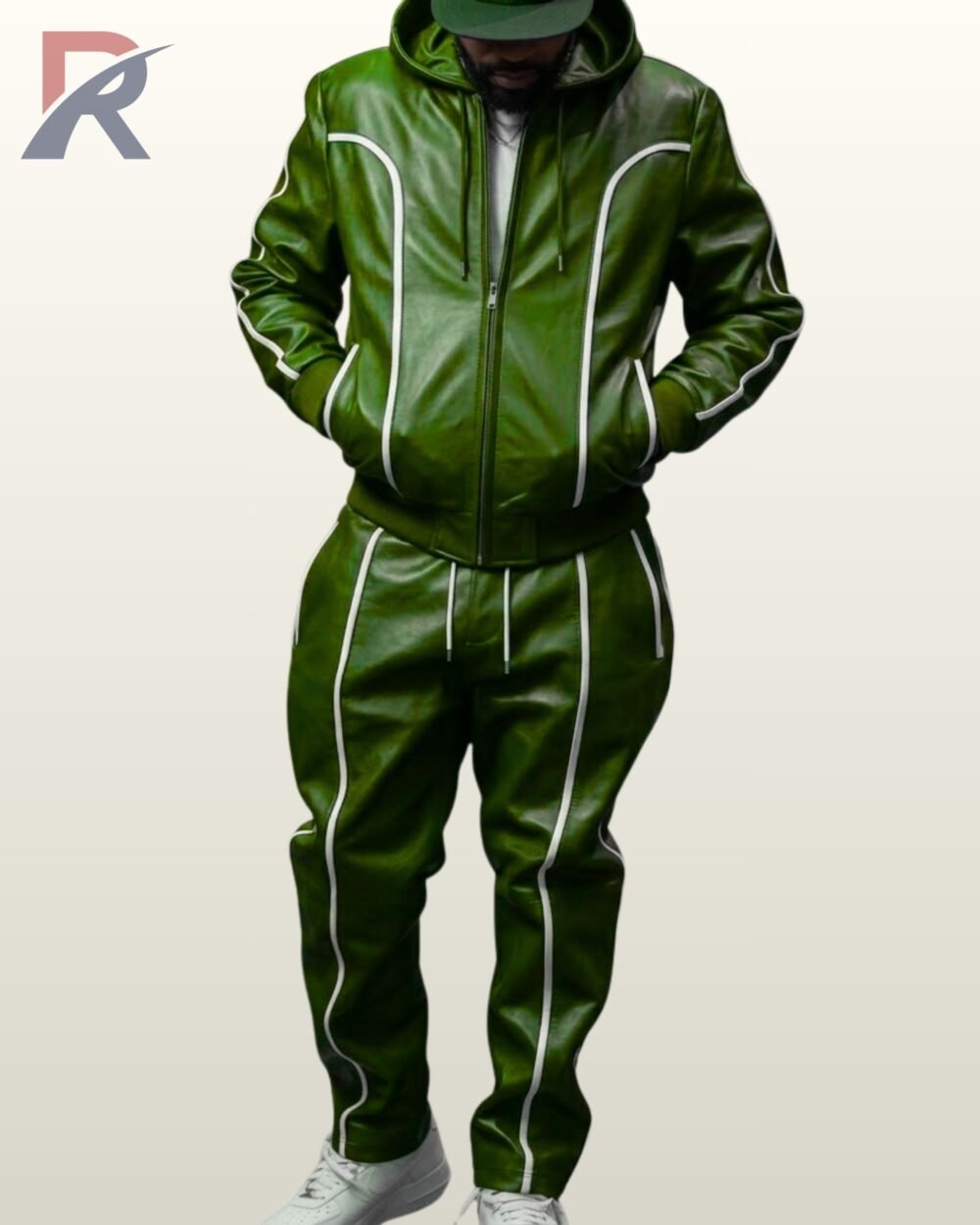 Deep forest green leather 2-piece tracksuit set with hooded jacket and white piped trousers.