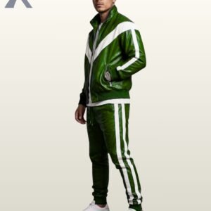 Men's emerald green leather jogging suit including zip-up jacket and matching striped track pants.