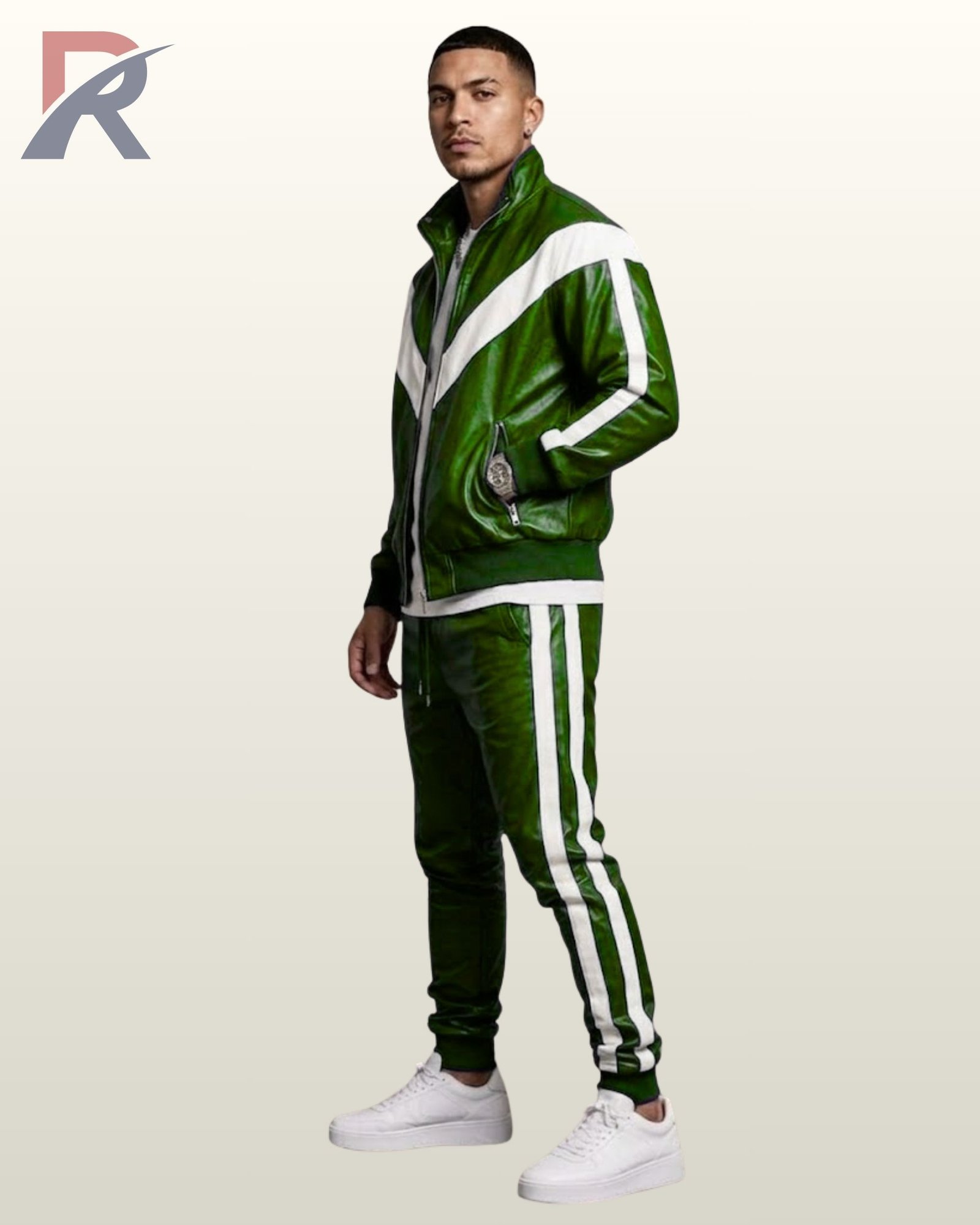 Men's emerald green leather jogging suit including zip-up jacket and matching striped track pants.