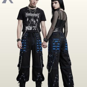 Black gothic cargo trousers featuring electric blue mesh inserts, blue contrast stitching, and decorative metal chains.