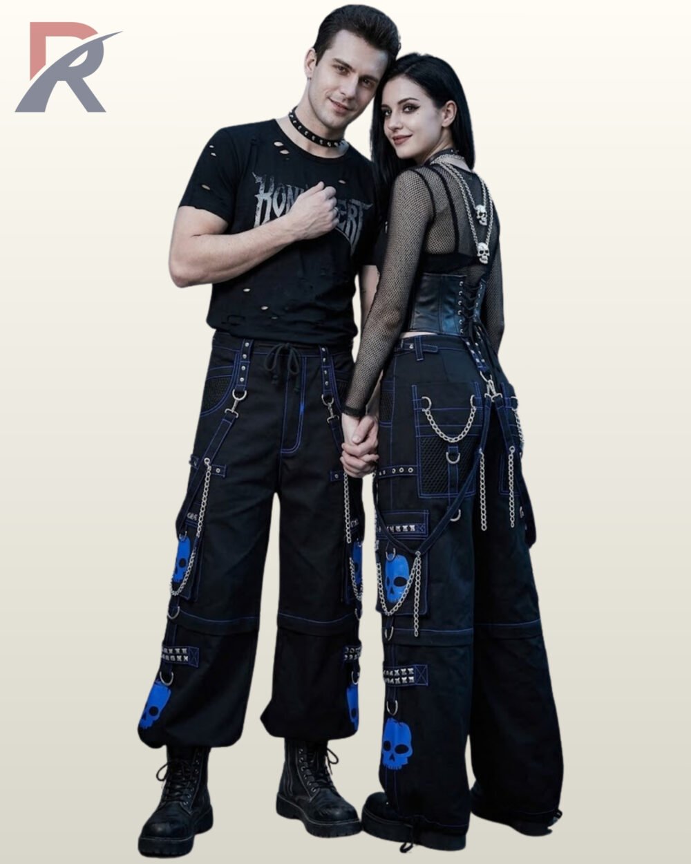 Black gothic cargo trousers with bright royal blue contrast piping, skull graphics, and hanging chain details.