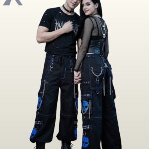 Black gothic cargo trousers with bright royal blue contrast piping, skull graphics, and hanging chain details.