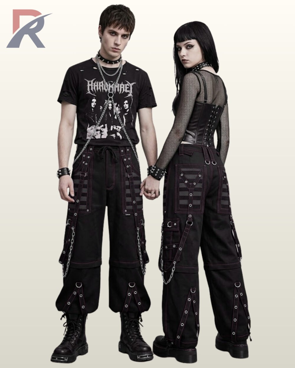 Couple in black gothic cargo pants styled with subtle dark grey mesh panels and silver-tone hanging chains.