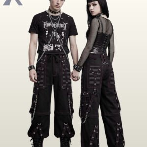 Couple in black gothic cargo pants styled with subtle dark grey mesh panels and silver-tone hanging chains.