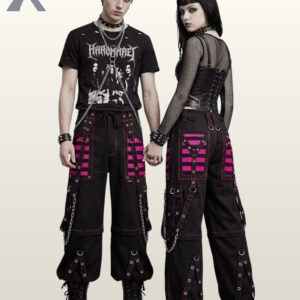 Couple posing in wide-leg alternative streetwear pants styled with hot pink mesh accents and grommeted straps.