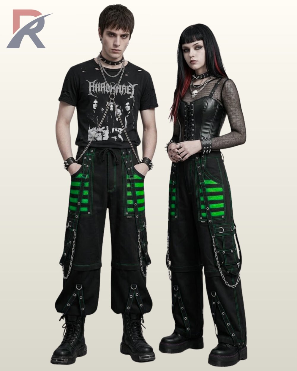 Couple holding hands in dark cyber goth wide-leg pants featuring neon green mesh detail and silver hardware.