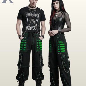 Couple holding hands in dark cyber goth wide-leg pants featuring neon green mesh detail and silver hardware.