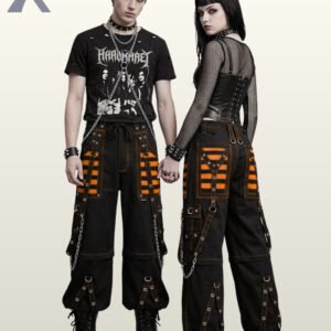 Black baggy gothic cargo pants trimmed with bright orange mesh panels, contrast stitching, and metal eyelet straps.