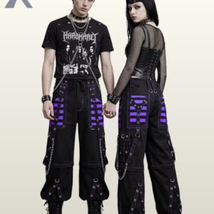 Man and woman holding hands modeling cyber goth wide-leg trousers accented with bright purple mesh and metal hardware.