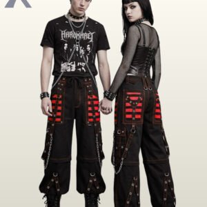 Man and woman modeling dark industrial goth trousers accented with bold red mesh panels and silver-tone chains.