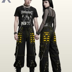 Man and woman wearing cyberpunk wide-leg cargo pants with yellow mesh panels and ring strap details.