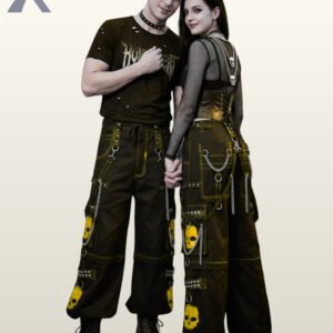 Man and woman posing in cyberpunk wide-leg cargo trousers featuring yellow skull accents and metal ring hardware