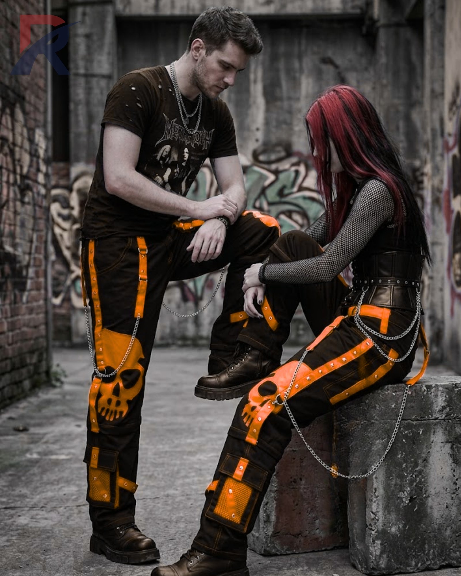 Cyberpunk baggy black bondage trousers featuring orange strap details and metal D-rings.
