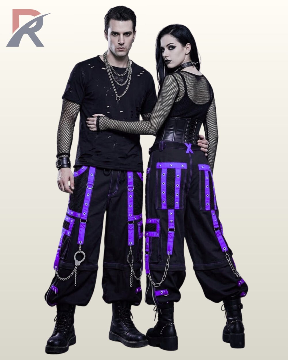 Front and back preview of unisex darkwear black pants accented with vibrant purple details.