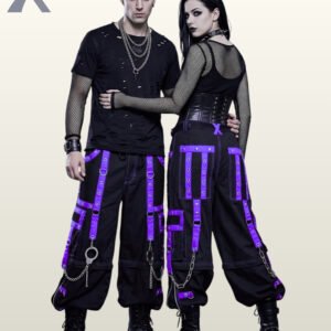 Front and back preview of unisex darkwear black pants accented with vibrant purple details.
