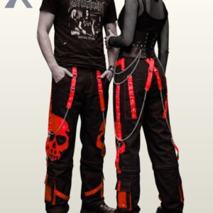 Gothic couple dressed in loose-fit black cargo pants with red skull printed panels.