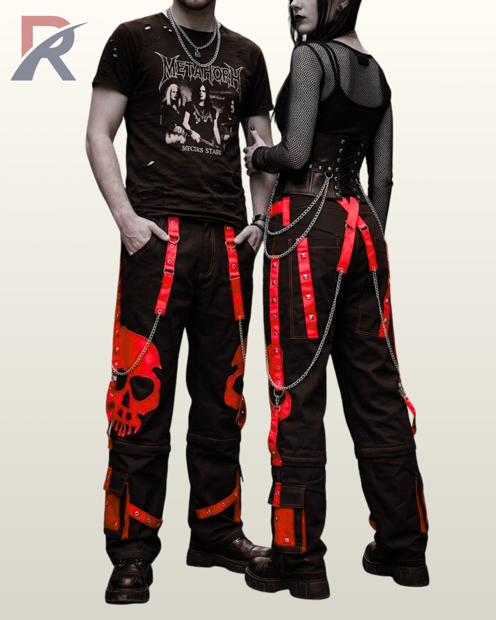 Gothic couple dressed in loose-fit black cargo pants with red skull printed panels.