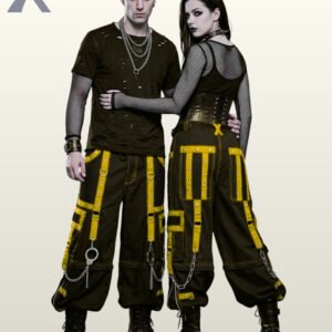 Front and back view of darkwear black cargo trousers accented with vivid yellow trim.