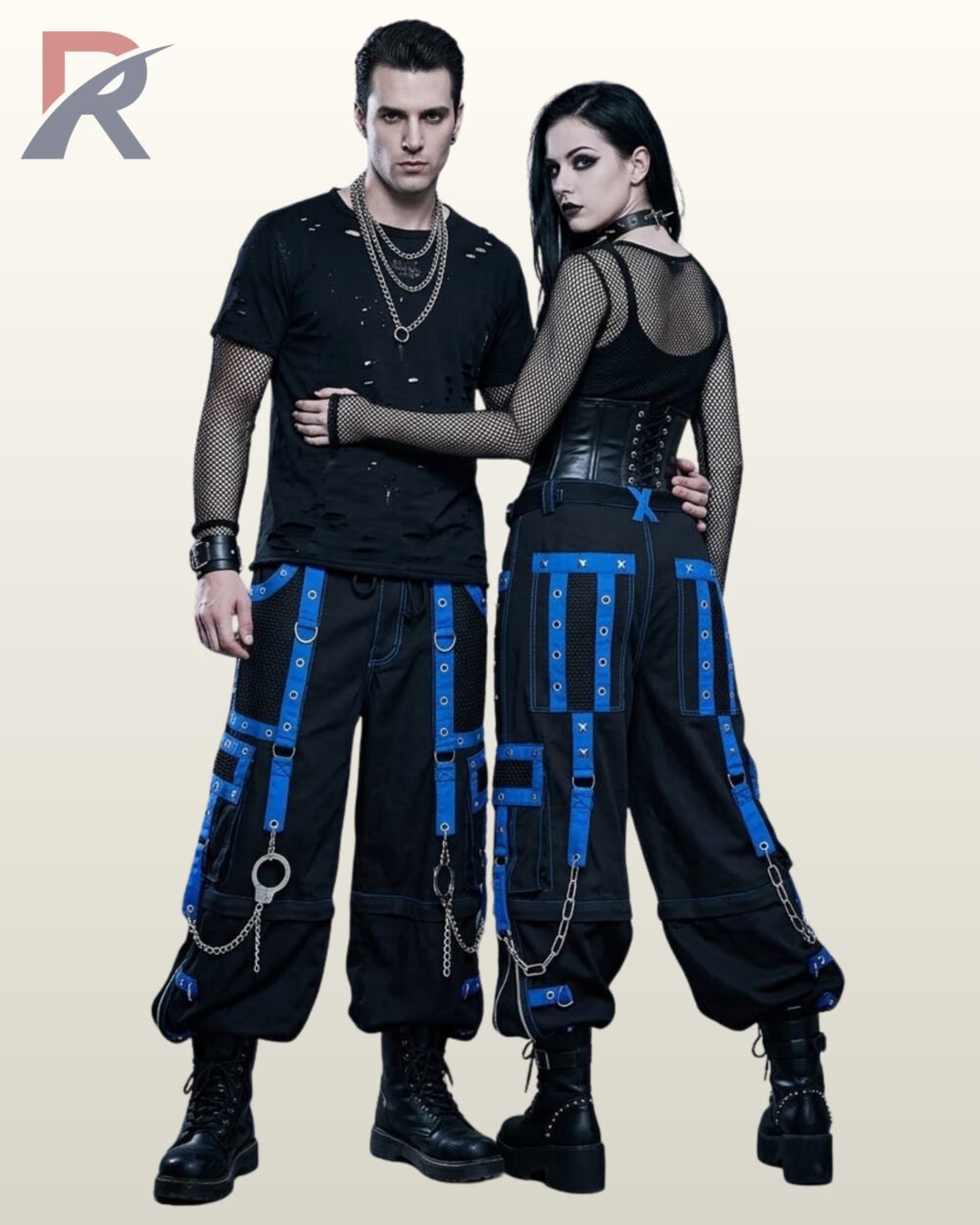Unisex royal blue and black cyber goth trousers with hanging metal hardware and D-ring attachments.