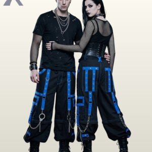 Unisex royal blue and black cyber goth trousers with hanging metal hardware and D-ring attachments.