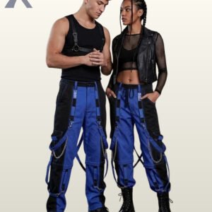 Full model view of a male and female wearing black and royal cobalt blue two-tone gothic bondage cargo pants with hanging silver chains and D-rings.