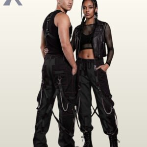 Full model view of a male and female wearing dark charcoal grey and black two-tone gothic bondage cargo pants with dark contrast stitching and metal chains.