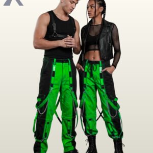 Couples model view of two-tone green and black cyberpunk cargo trousers featuring bright neon panels, side metal chains, and platform combat boots.