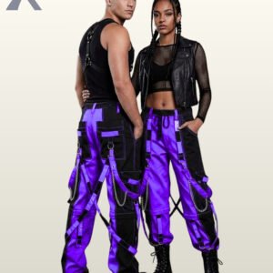 Couples catalog display of two-tone purple and black cyberpunk raver trousers featuring contrast purple stitching, hanging side chains, and platform boots.