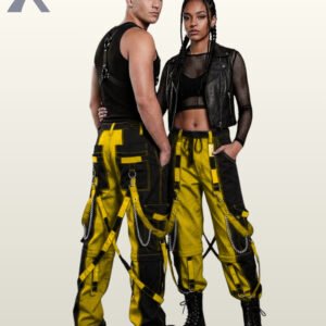 Full model view of a male and female wearing black and bright yellow two-tone gothic bondage cargo pants with silver metal chains and strap accents.
