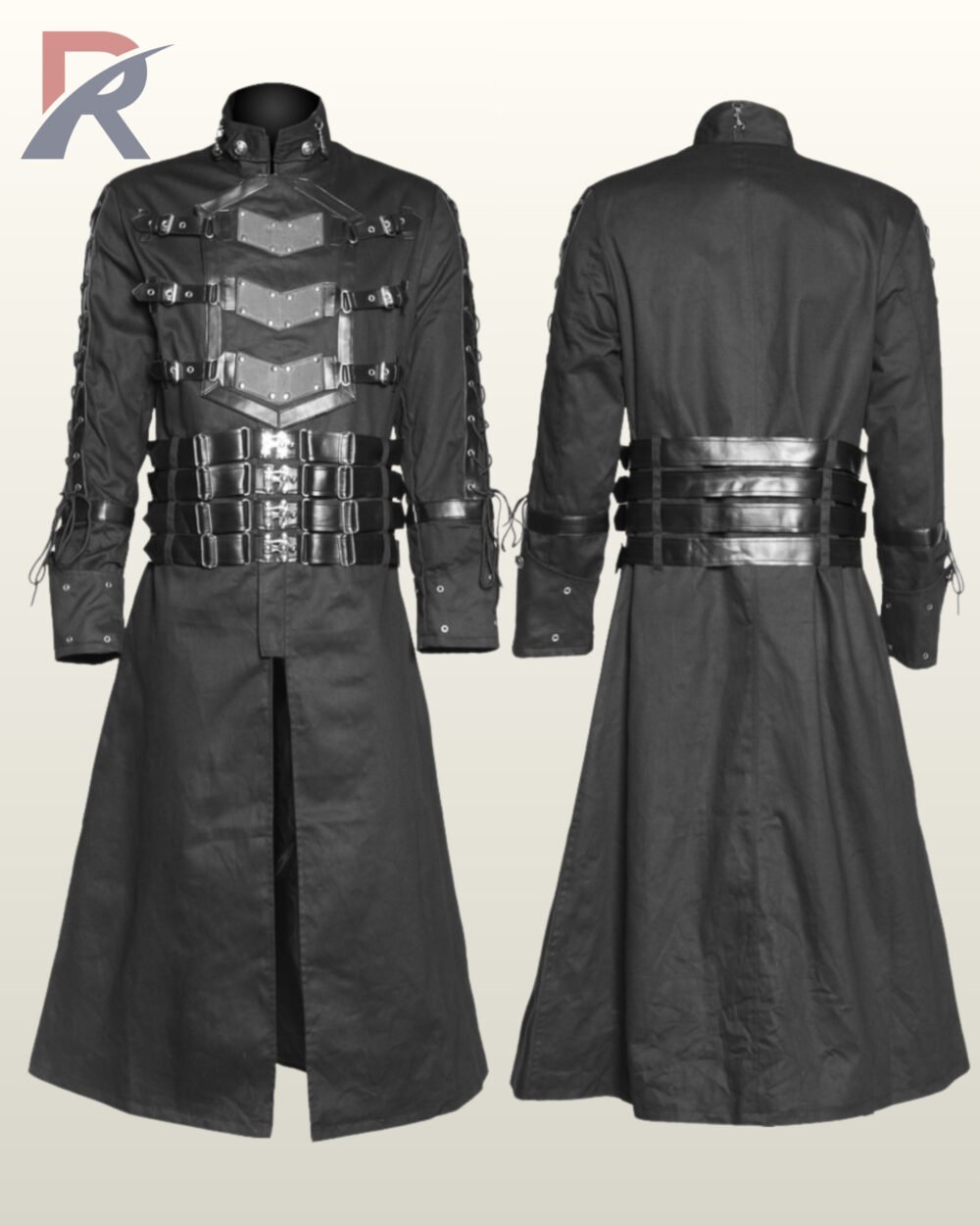Side-by-side front and rear mannequin display of a men's black gothic cyberpunk trench coat featuring faux leather chest plates, eyelet lacing, and multi-buckle waist belts.