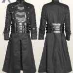 Side-by-side front and rear mannequin display of a men's black gothic cyberpunk trench coat featuring faux leather chest plates, eyelet lacing, and multi-buckle waist belts.