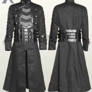Side-by-side front and rear mannequin display of a men's black gothic cyberpunk trench coat featuring faux leather chest plates, eyelet lacing, and multi-buckle waist belts.