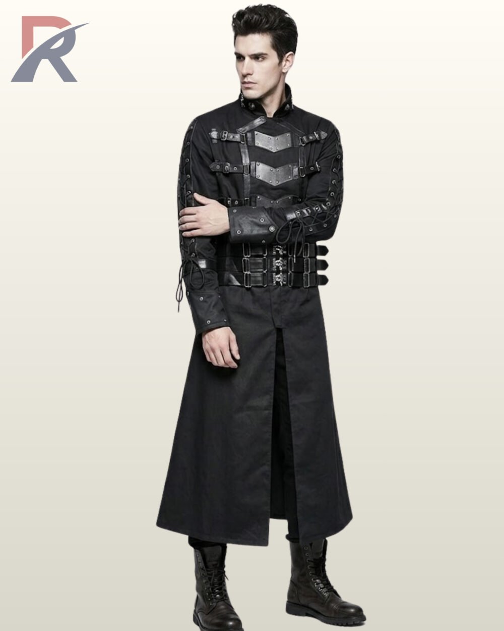 Model posing in an open-skirted black cyberpunk overcoat showcasing a high mandarin collar, wide leather waist belt, and silver metal hardware.